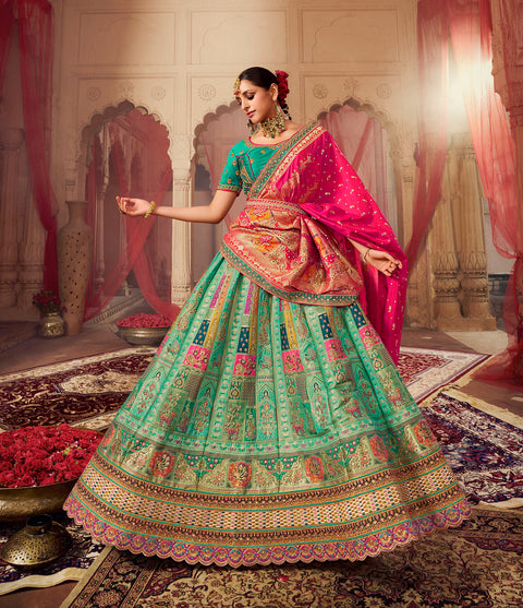 Green & Pink Wedding Wear Woven-Embellished Banarasi Silk Lehenga Choli
