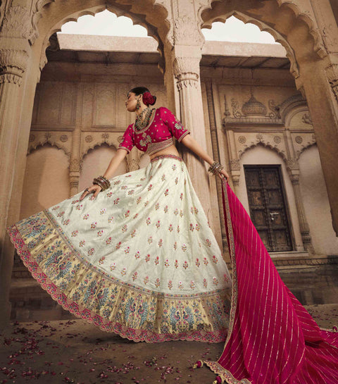 White & Pink Wedding Wear Viscose Hand Work  Lehenga Choli