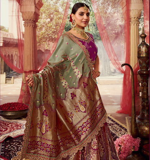 Purple  Wedding Wear Woven-Embellished Banarasi Silk Lehenga Choli