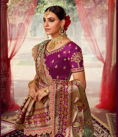 Purple  Wedding Wear Woven-Embellished Banarasi Silk Lehenga Choli