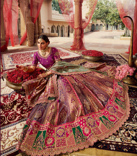 Purple  Wedding Wear Woven-Embellished Banarasi Silk Lehenga Choli