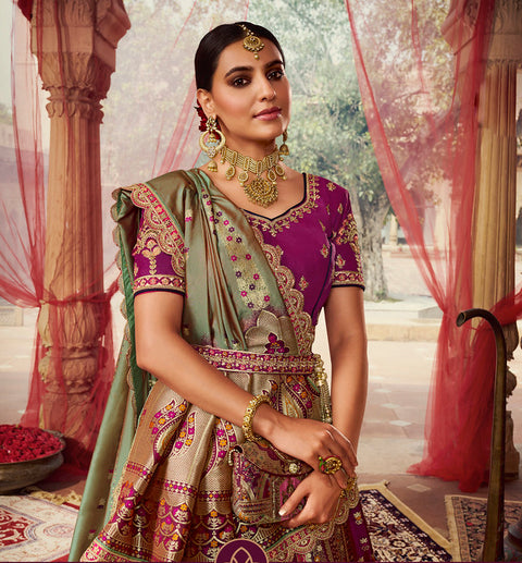 Purple  Wedding Wear Woven-Embellished Banarasi Silk Lehenga Choli
