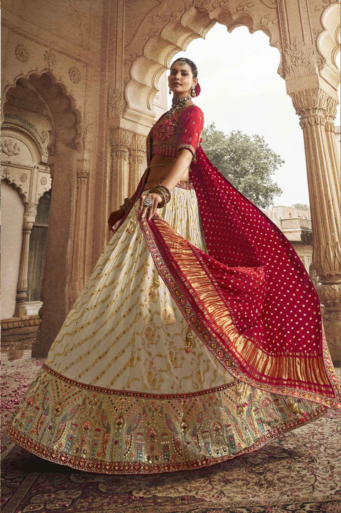 off White  Wedding Wear Viscose Hand Work Lehenga Choli