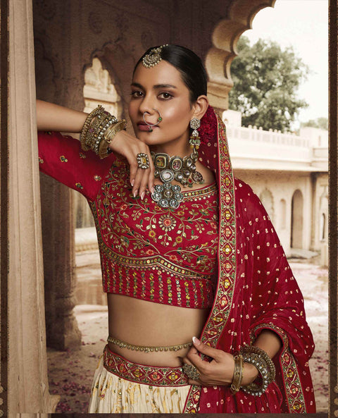 off White  Wedding Wear Viscose Hand Work Lehenga Choli