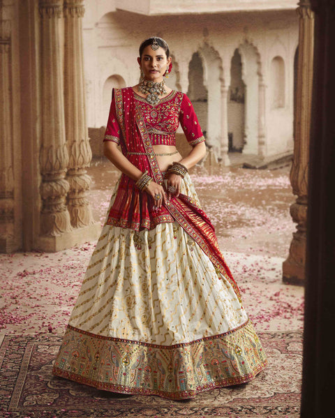 off White  Wedding Wear Viscose Hand Work Lehenga Choli