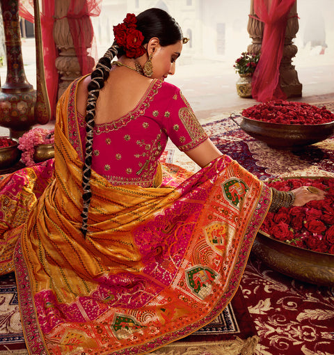 Yellow & Pink Wedding Wear Woven-Embellished Banarasi Silk Lehenga Choli