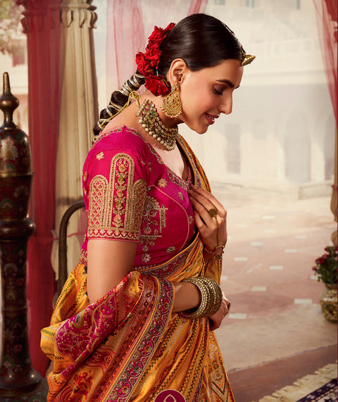 Yellow & Pink Wedding Wear Woven-Embellished Banarasi Silk Lehenga Choli