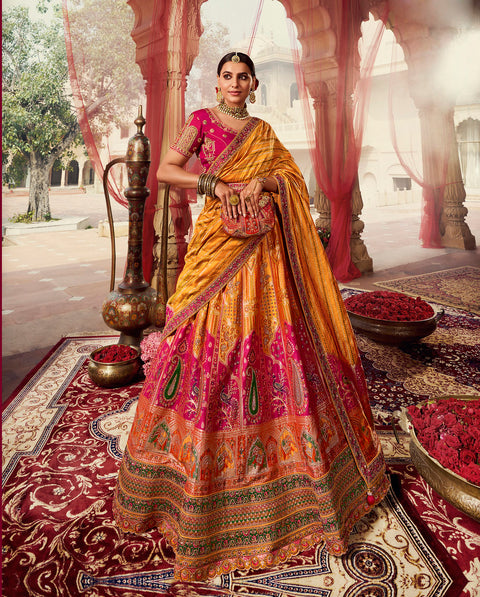 Yellow & Pink Wedding Wear Woven-Embellished Banarasi Silk Lehenga Choli