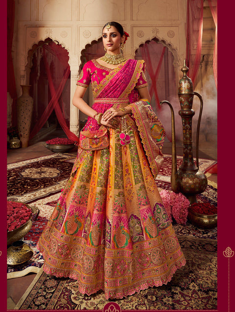 Multi color Wedding Wear Woven-Embellished Banarasi Silk Lehenga Choli