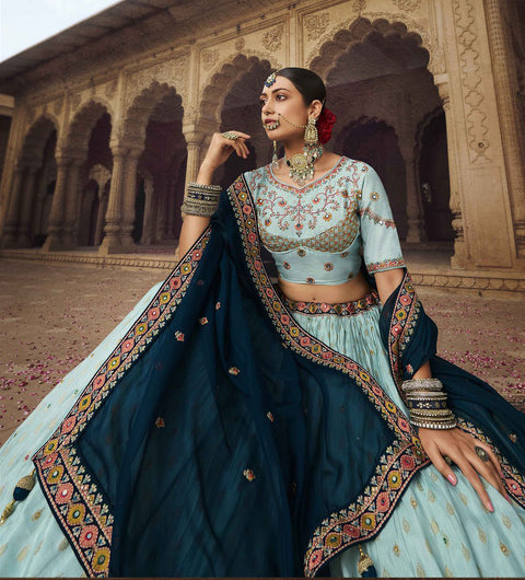 Sky Blue Wedding Wear Viscose Hand Work Lehenga Choli