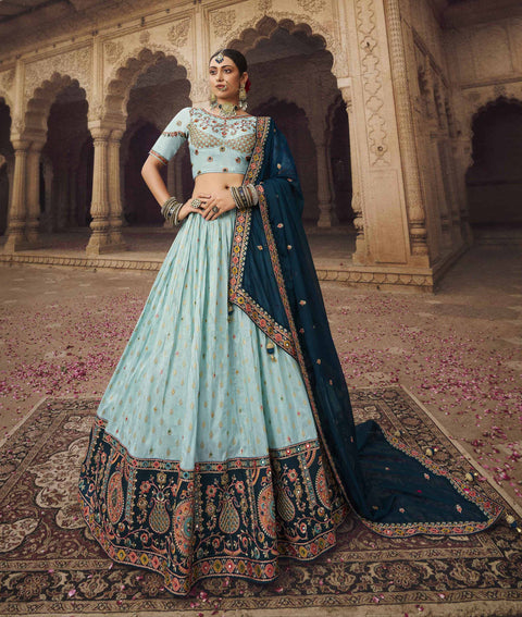 Sky Blue Wedding Wear Viscose Hand Work Lehenga Choli