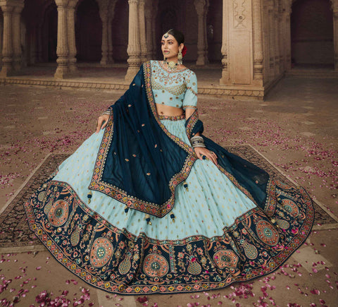 Sky Blue Wedding Wear Viscose Hand Work Lehenga Choli