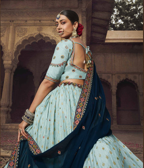 Sky Blue Wedding Wear Viscose Hand Work Lehenga Choli