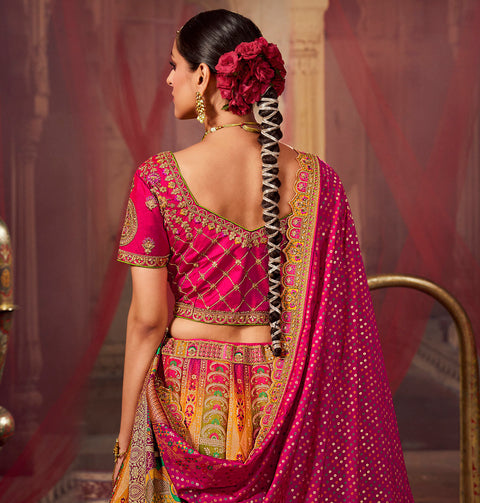 Multi color Wedding Wear Woven-Embellished Banarasi Silk Lehenga Choli