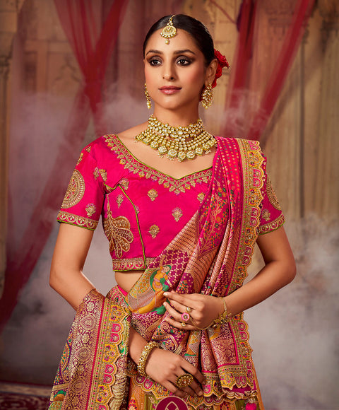 Multi color Wedding Wear Woven-Embellished Banarasi Silk Lehenga Choli