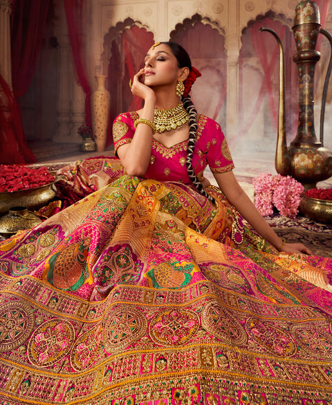 Multi color Wedding Wear Woven-Embellished Banarasi Silk Lehenga Choli