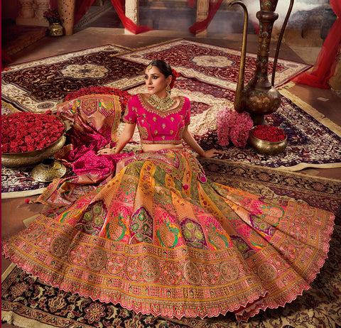 Multi color Wedding Wear Woven-Embellished Banarasi Silk Lehenga Choli