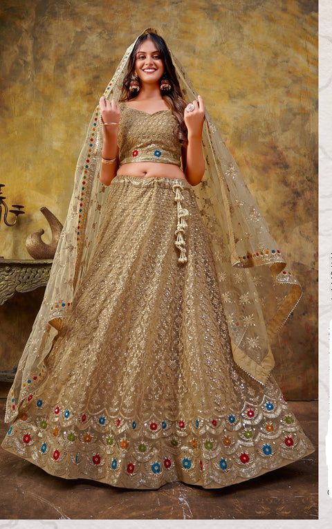 Fascinating Beige Sequines Embroidery Net Party Lehenga Choli