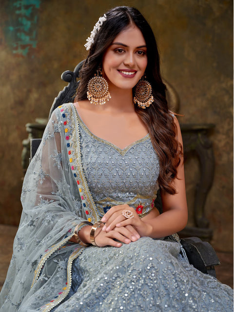 Elegant Carolina Blue Sequence Embroidery Net Party Lehenga Choli