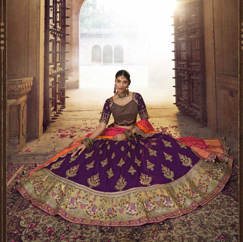 Purple Wedding Wear Viscose Hand Work Lehenga Choli