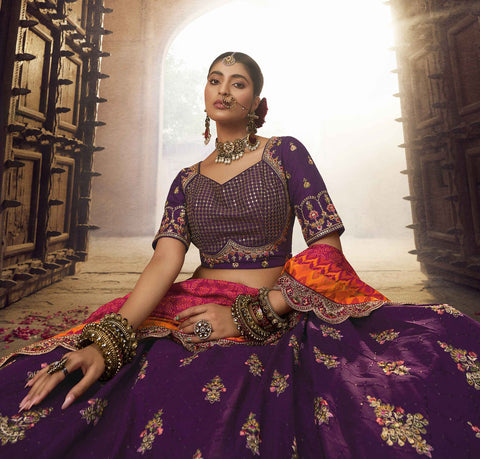Purple Wedding Wear Viscose Hand Work Lehenga Choli