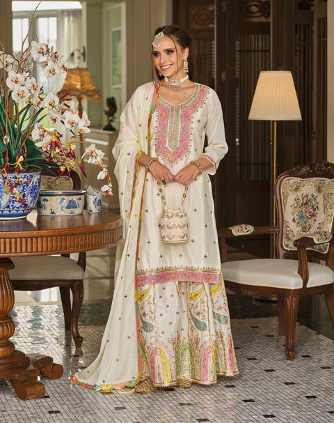 Off White Embroidered Chinon Party Wear Lehenga Suit