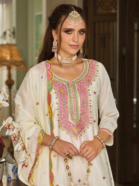 Off White Embroidered Chinon Party Wear Lehenga Suit