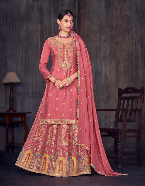 Peach Embroidered Chinon Lehenga Suit