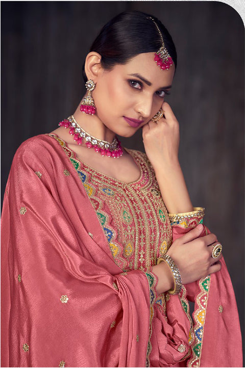 Peach Embroidered Chinon Lehenga Suit