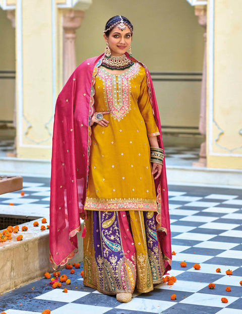 Yellow Embroidered Silk Party Wear Lehenga Suit