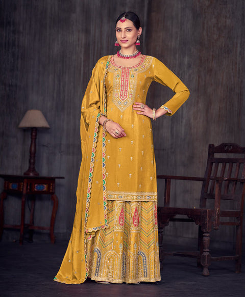 Yellow Embroidered Chinon Lehenga Suit