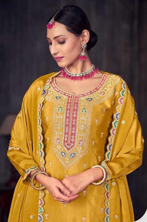 Yellow Embroidered Chinon Lehenga Suit