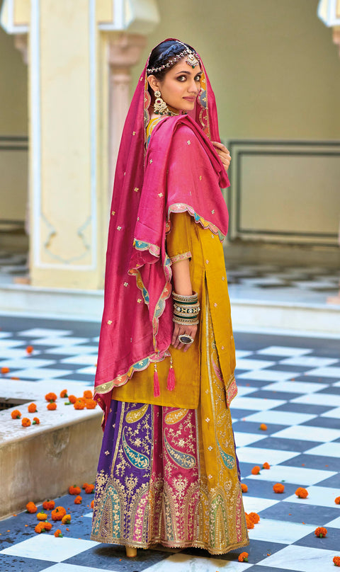 Yellow Embroidered Silk Party Wear Lehenga Suit