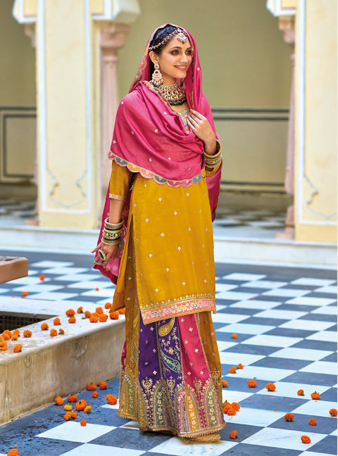 Yellow Embroidered Silk Party Wear Lehenga Suit