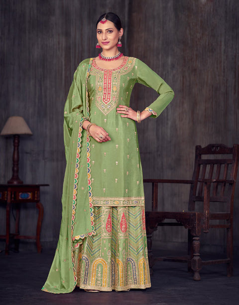 Green Embroidered Chinon Lehenga Suit