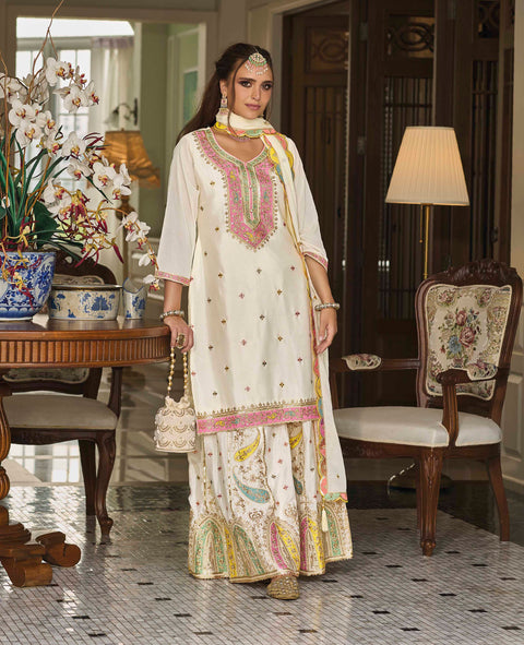 Off White Embroidered Chinon Party Wear Lehenga Suit