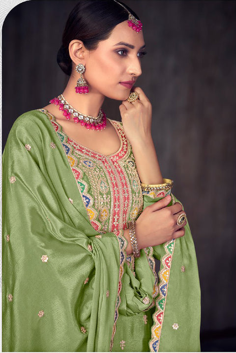 Green Embroidered Chinon Lehenga Suit