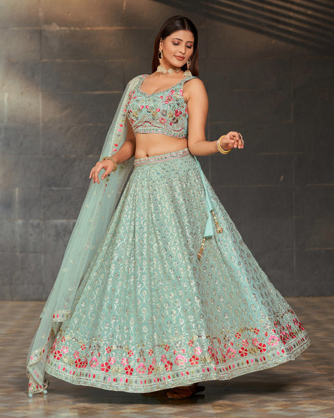 Sky Blue Embroidered Georgette Lehenga Choli
