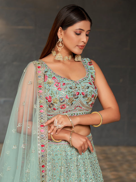 Sky Blue Embroidered Georgette Lehenga Choli