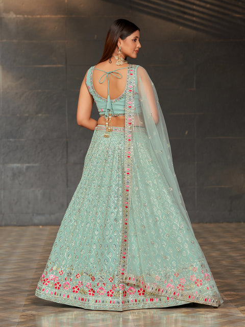 Sky Blue Embroidered Georgette Lehenga Choli