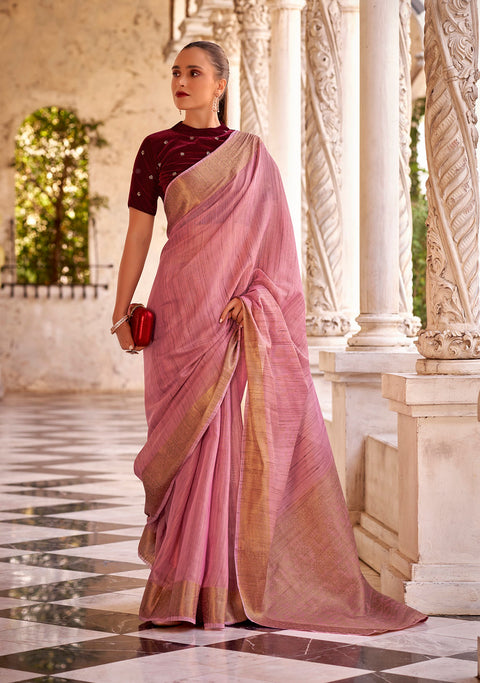 Blush Pink Woven Linen Silk Saree