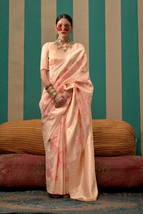 Peach Woven Linen Banarasi Silk Saree