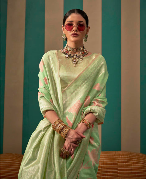 Green Woven Linen Banarasi Silk Saree