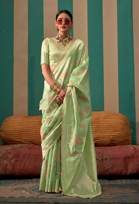 Green Woven Linen Banarasi Silk Saree