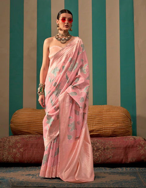 Pink Woven Linen Banarasi Silk Saree