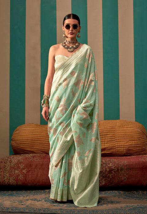 Pastel Green Woven Linen Banarasi Silk Saree