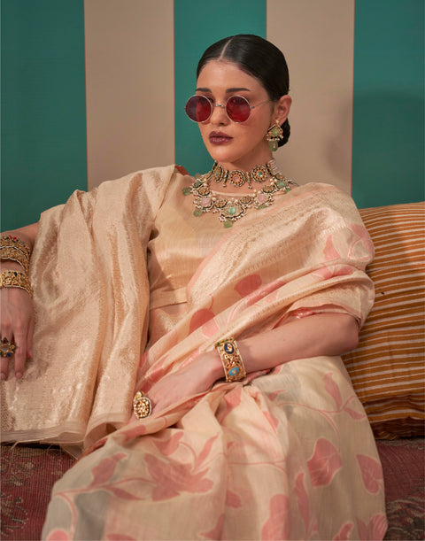 Peach Woven Linen Banarasi Silk Saree