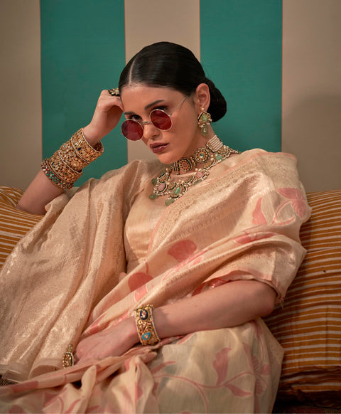 Peach Woven Linen Banarasi Silk Saree
