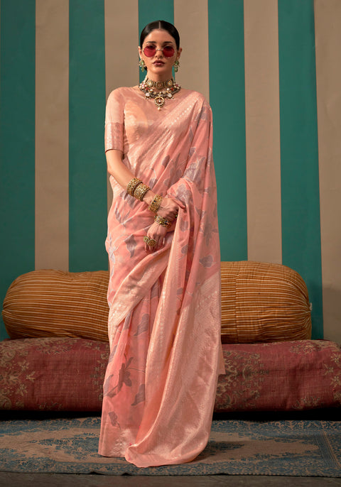 Peach Woven Linen Banarasi Silk Saree