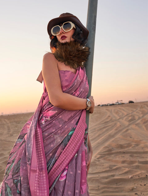 Purple Woven Linen Silk Saree With Floral Print